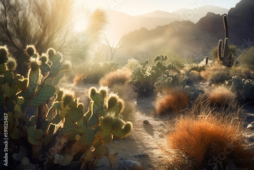 midday sun shining down on group of cacti and desert flora, created with generative ai