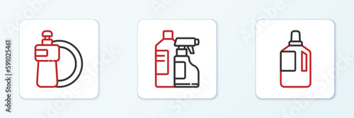 Set line Fabric softener, Dishwashing liquid bottle and plate and Bottles for cleaning agent icon. Vector