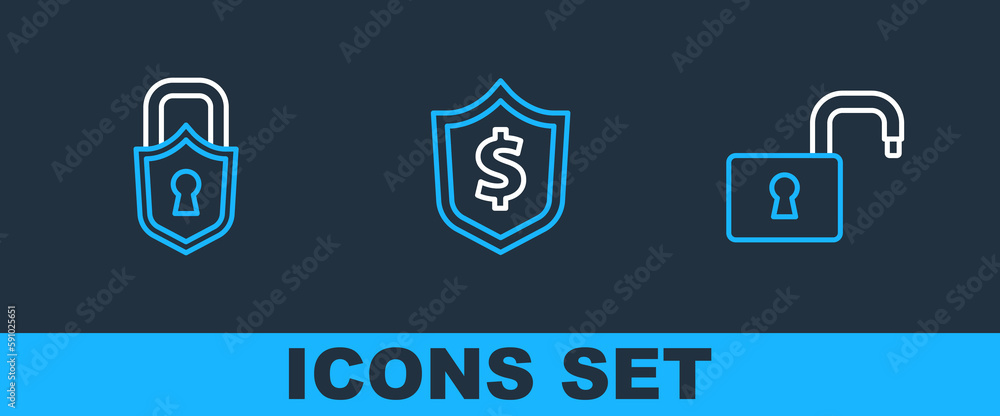Set line Open padlock, Lock and Shield with dollar icon. Vector Set line Open padlock, Lock and Shield with dollar icon. Vector
