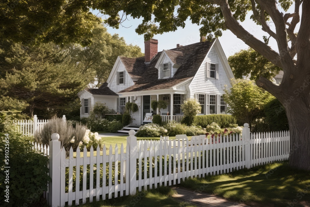 classic cape cod house with white exterior, picket fence and shingled roof, created with generative ai