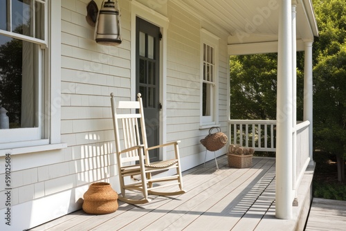 front porch of cape cod house, with rocking chair and lantern, providing a cozy and inviting space, created with generative ai