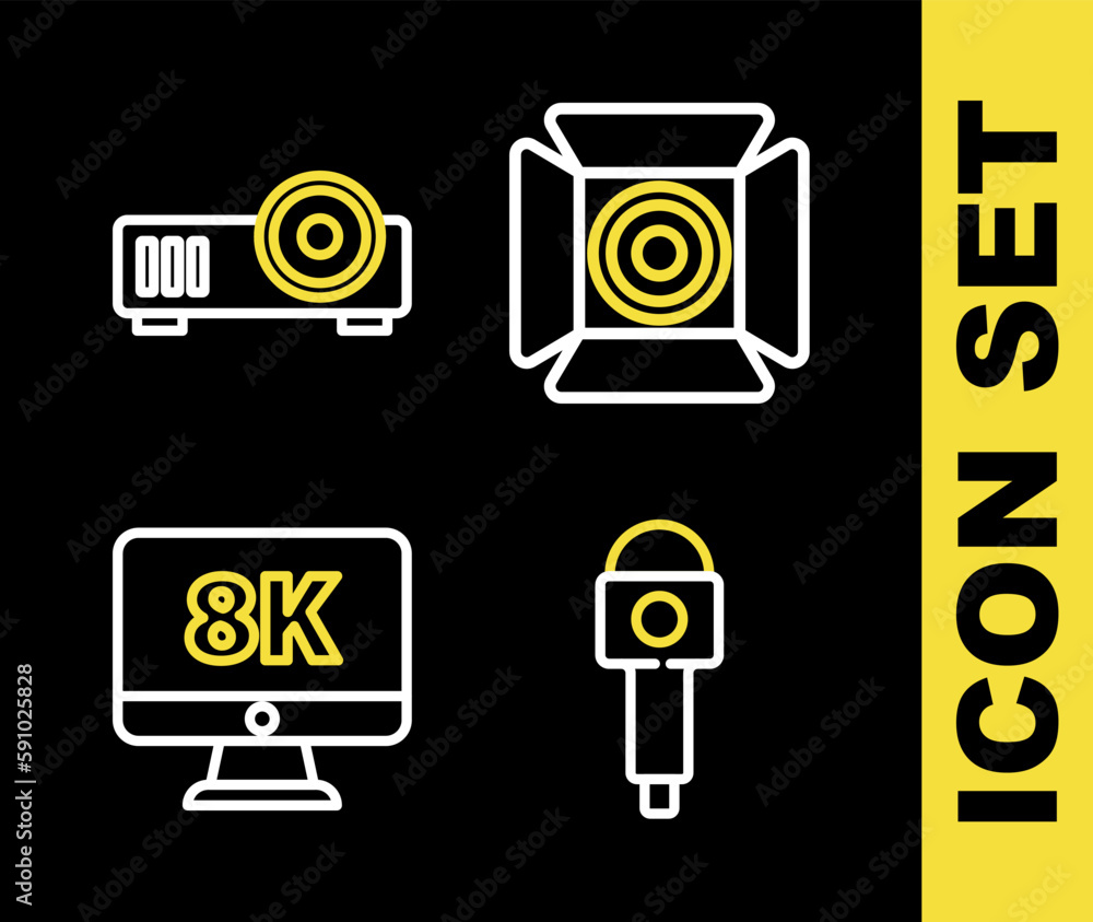 Set line Movie spotlight, Microphone, Monitor with 8k and Media projector icon. Vector Set line Movie spotlight, Microphone, Monitor with 8k and Media projector icon. Vector