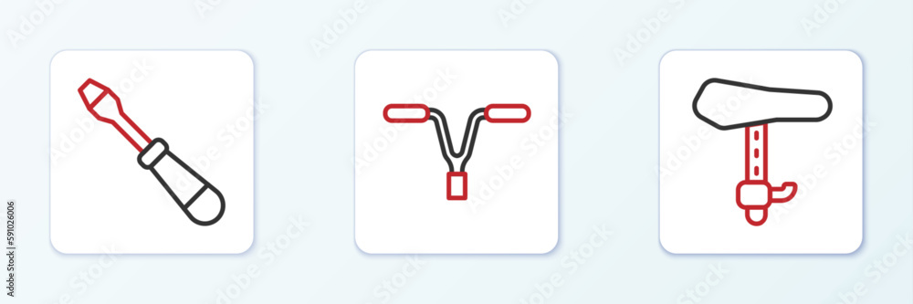 Set line Bicycle seat, Screwdriver and handlebar icon. Vector Set line Bicycle seat, Screwdriver and handlebar icon. Vector