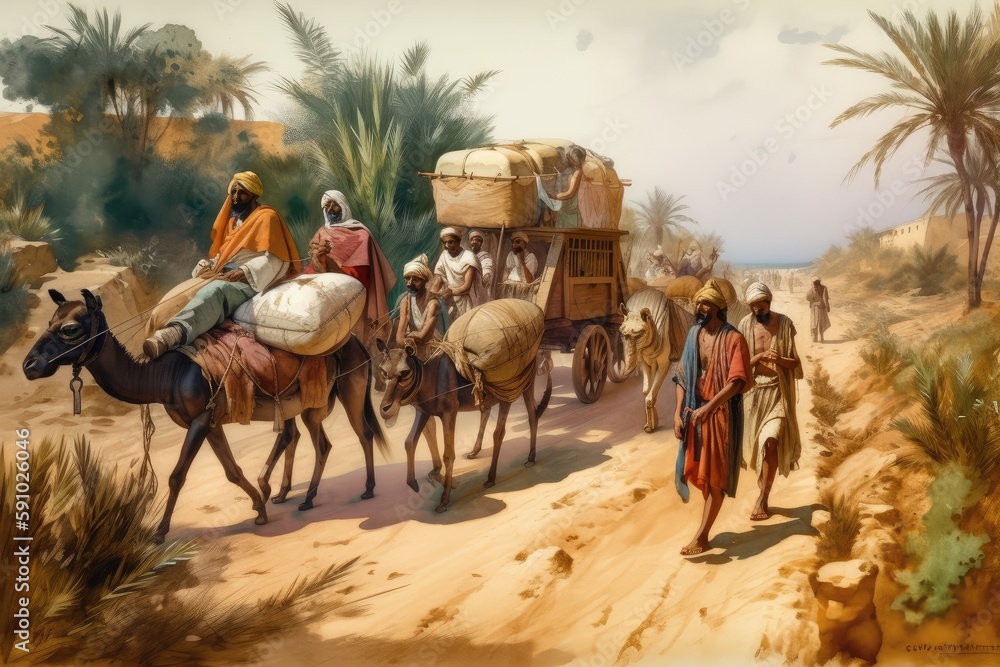 caravan of merchants and their goods traveling the ancient trade route