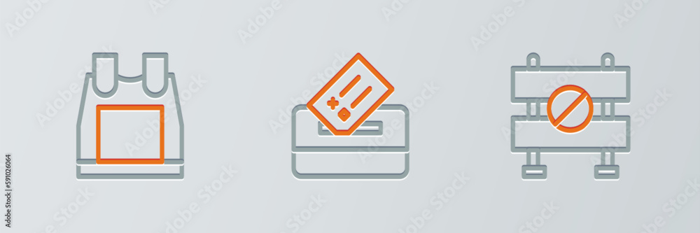 Set line Road barrier, Bulletproof vest and Vote box icon. Vector Set line Road barrier, Bulletproof vest and Vote box icon. Vector