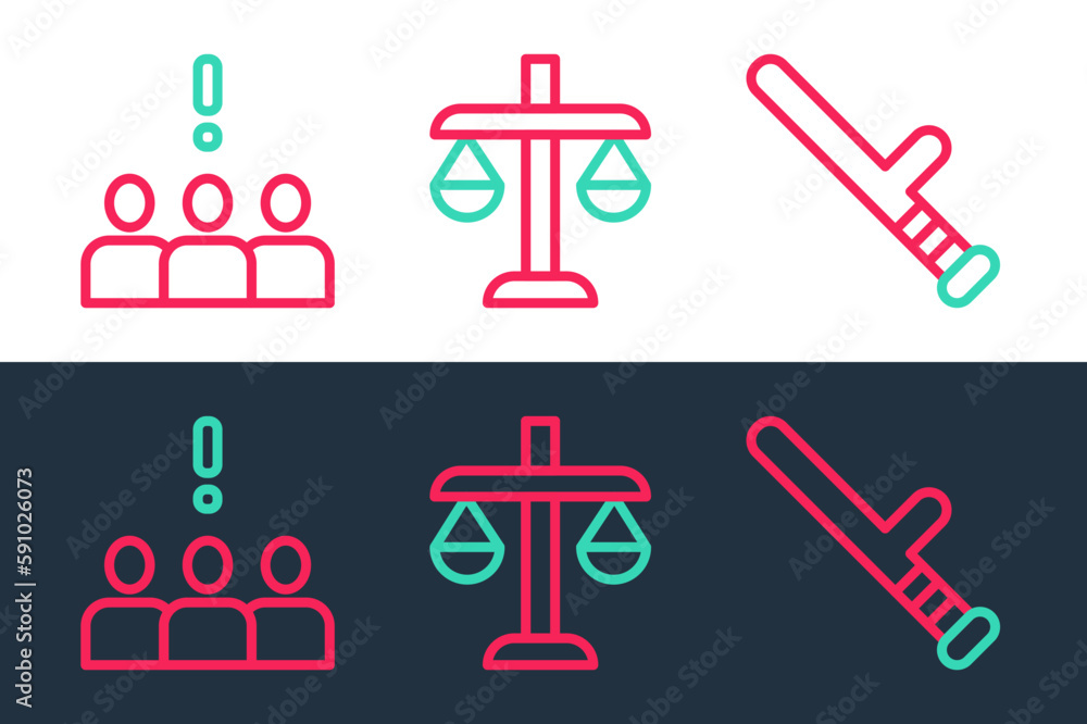 Set line Police rubber baton, Crowd protest and Scales of justice icon. Vector Set line Police rubber baton, Crowd protest and Scales of justice icon. Vector