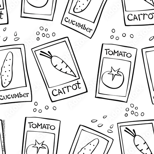 Seamless pattern of outline paper bags with seeds vegetables. Vector background and texture. Theme of gardening, farming, agriculture