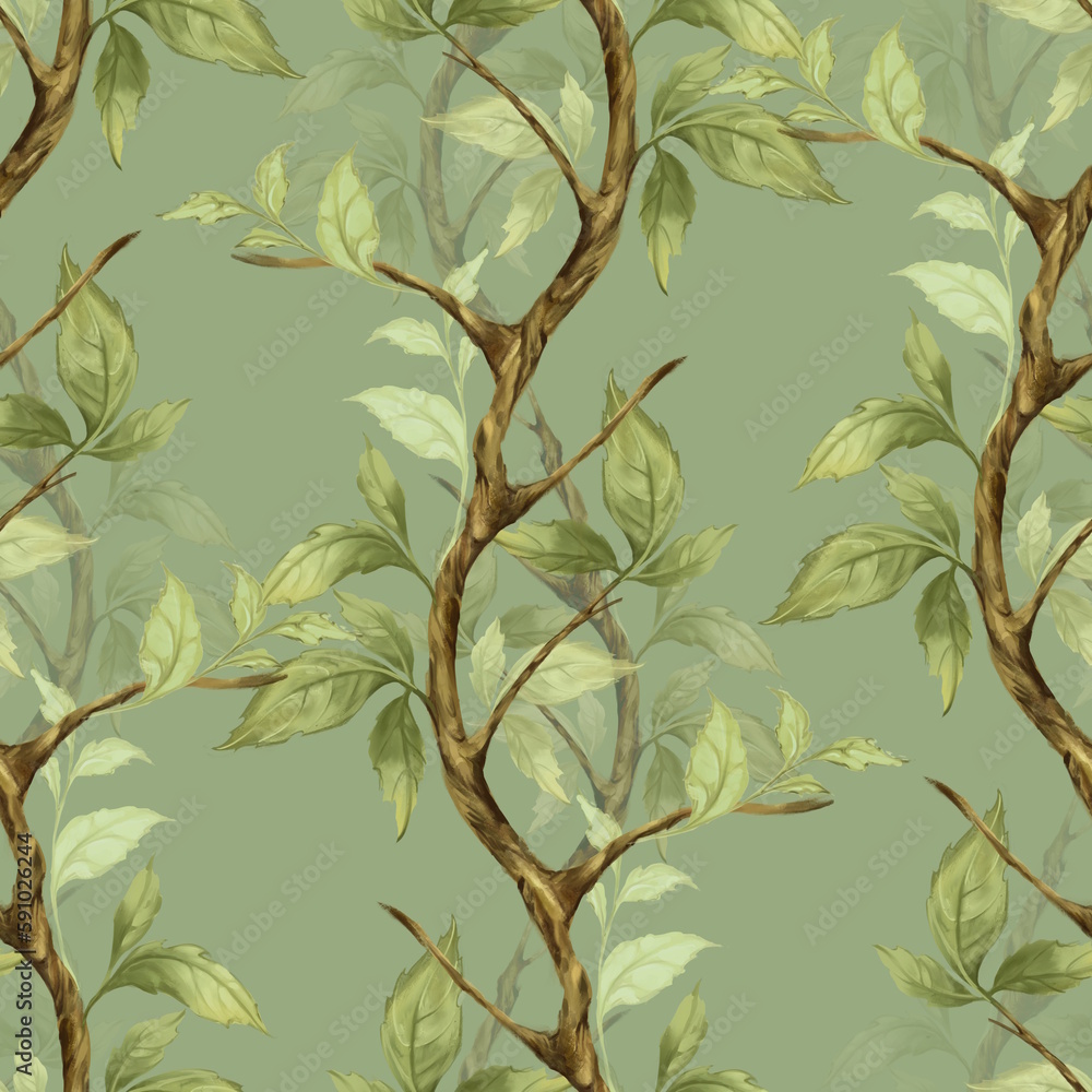 Seamless pattern with green leaves and branches. - obrazy, fototapety, plakaty 