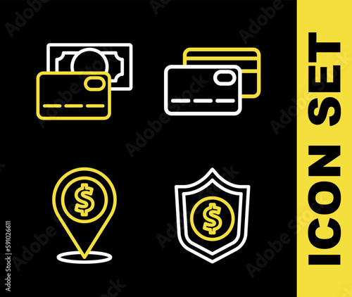 Set line Credit card, Shield with dollar, Cash location and icon. Vector