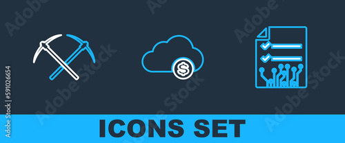 Set line Smart contract, Crossed pickaxe and Cryptocurrency cloud mining icon. Vector