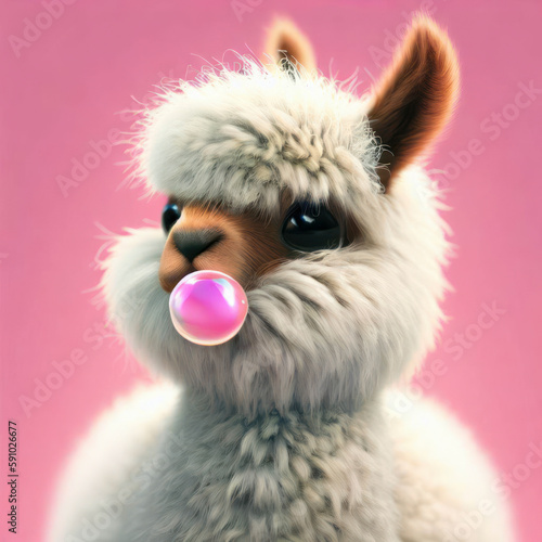 Fluffy llama chewing bubblegum and blowing a bubble, generative ai