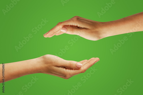 Two hands protecting something isolated on green background