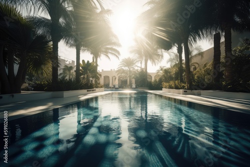 desrtscape with mirage of a swimming pool, surrounded by palm trees and sun shining down, created with generative ai © Natalia