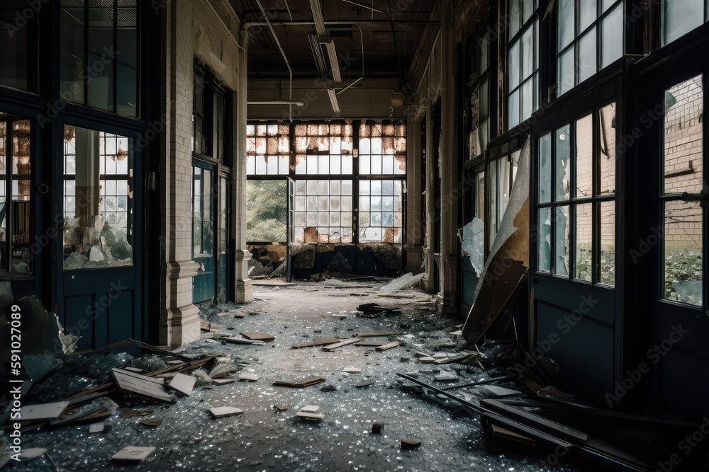 entering industrial building with broken and shattered windows, debris scattered across the floor, created with generative ai