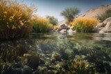 desert waterscape with colorful fish and underwater plants, created with generative ai