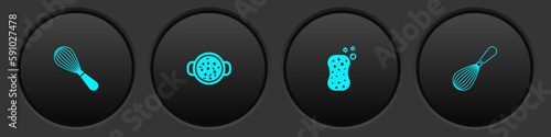 Set Kitchen whisk, Cooking soup in pot, Sponge with bubbles and icon. Vector
