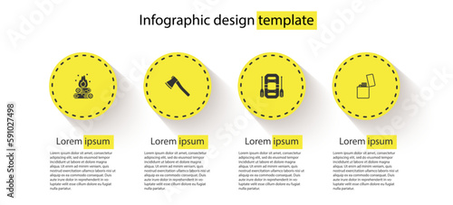 Set Campfire, Wooden axe, Rafting boat and Lighter. Business infographic template. Vector