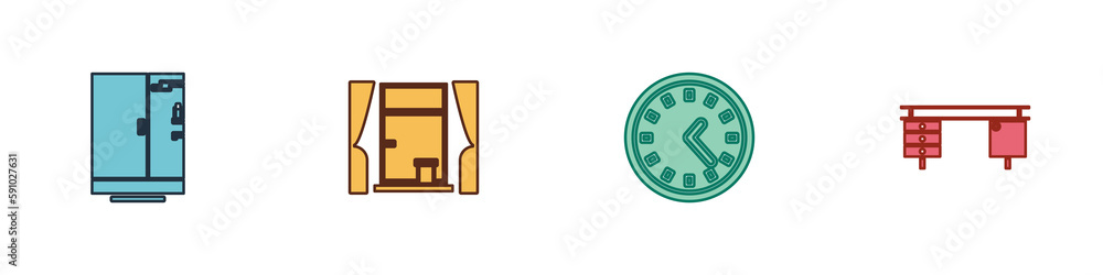 Set Shower cabin, Window with curtains, Clock and Office desk icon. Vector Set Shower cabin, Window with curtains, Clock and Office desk icon. Vector