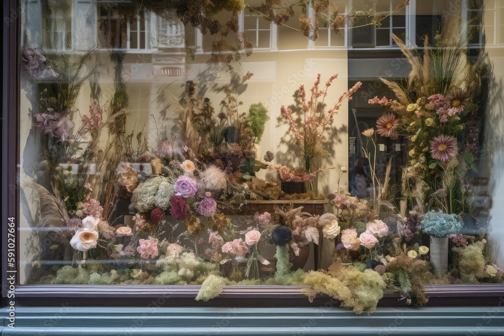 window display with a variety of flowers and plants, bringing beauty to ...