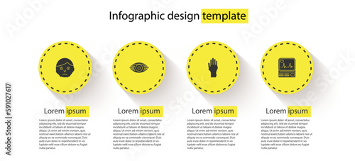 Set Inflammation on face, Reddish eye allergic conjunctivitis, Hand with psoriasis or eczema and Monitor cardiogram. Business infographic template. Vector