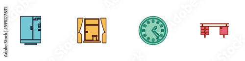 Set Shower cabin, Window with curtains, Clock and Office desk icon. Vector