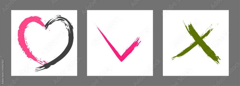 The cross, heart and OK symbol are hand-drawn with a brush. Prohibition, denial, error. Love. Approval, consent. Vector, set of 3 characters The cross, heart and OK symbol are hand-drawn with a brush. Prohibition, denial, error. Love. Approval, consent. Vector, set of 3 characters