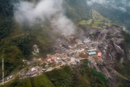helicopter view of landslide disaster zone, with rescue and cleanup efforts underway, created with generative ai photo