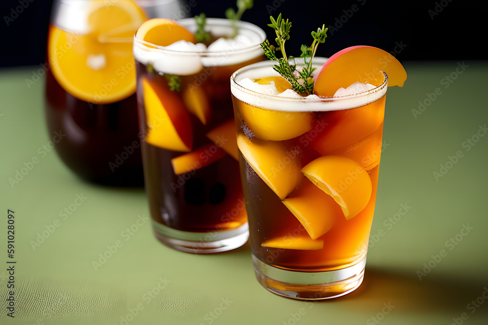 Sparkling cold brew peach tea with thyme in glass on green paper background close-up. Refreshing summer non-alcoholic drink concept Sparkling cold brew peach tea with thyme in glass on green paper background close-up. Refreshing summer non-alcoholic drink concept