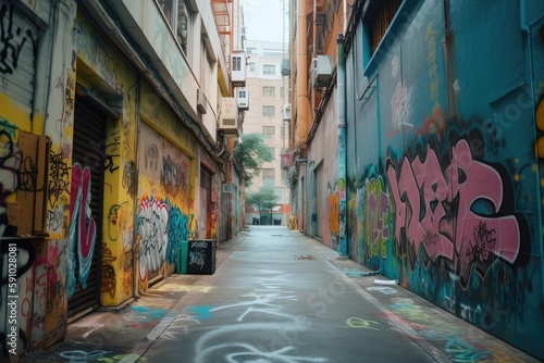lofi city street with colorful graffiti, adding unique element to the photo, created with generative ai