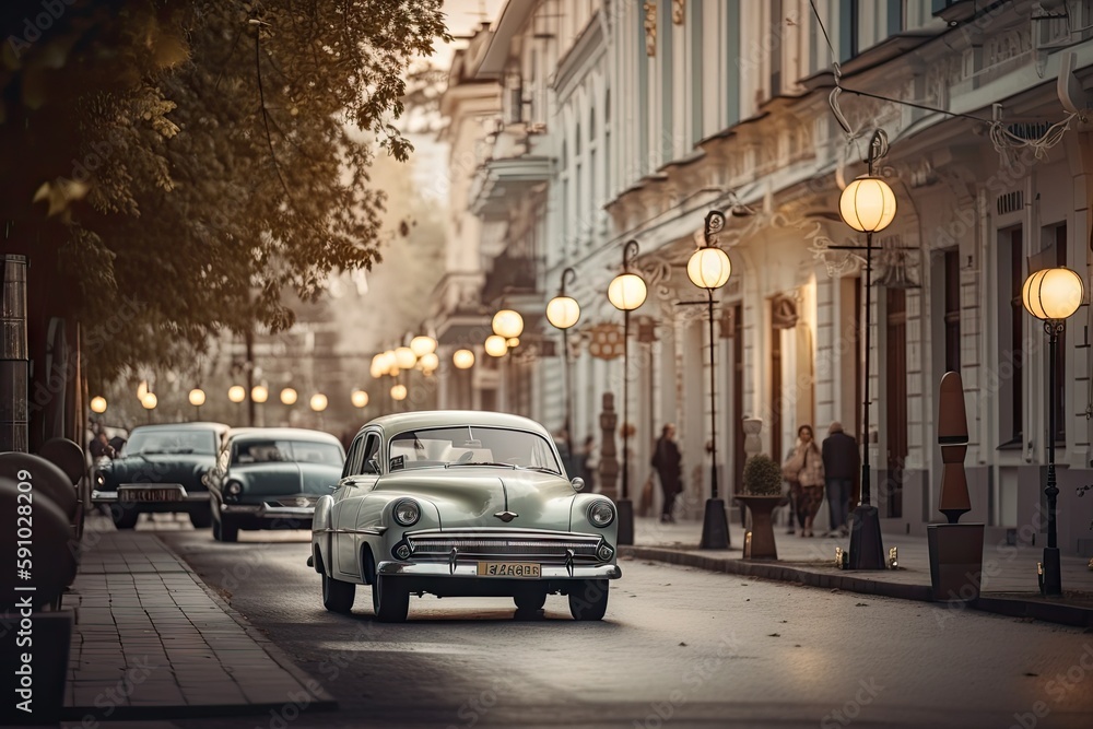 lofi street with vintage cars and old-timey street lamps, created with generative ai