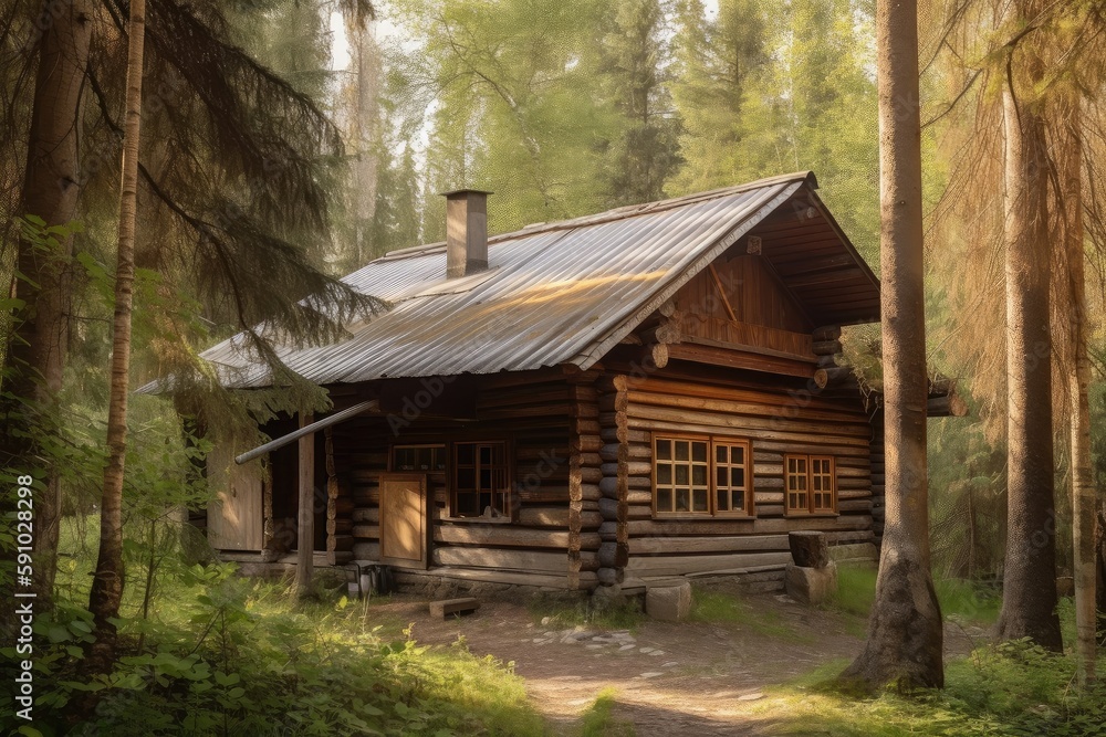log cabin in beautiful forest surrounded by trees, created with generative ai log cabin in beautiful forest surrounded by trees, created with generative ai