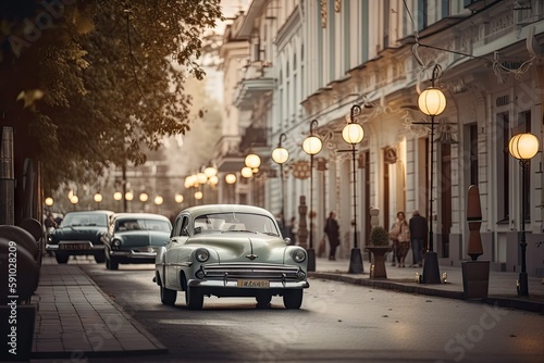lofi street with vintage cars and old-timey street lamps, created with generative ai © Natalia