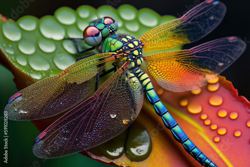 A close-up shot of a colorful dragonfly resting on a green leaf with water droplets. Generative AI