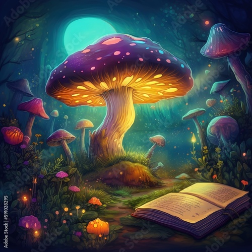Stunning huge glowing fungi mushrooms, a moon on the sky, Generative AI