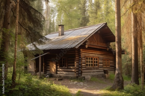 log cabin in beautiful forest surrounded by trees  created with generative ai