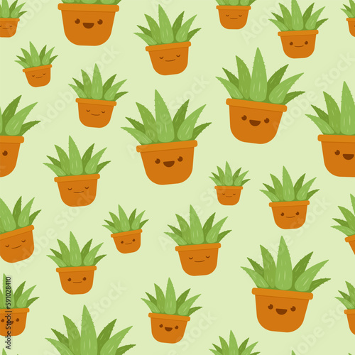 kawaii cute aloe vera in brown clay pot cartoon emoji illustration seamless pattern