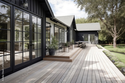 wooden deck with french doors, leading to modern farmhouse exterior, created with generative ai