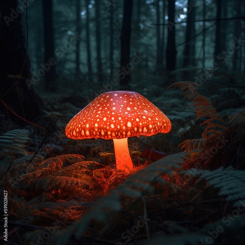 An amanita muscaria glowing like neon in the shadow forest, Generative AI