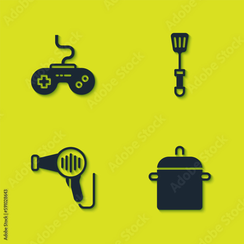 Set Gamepad, Cooking pot, Hair dryer and Spatula icon. Vector