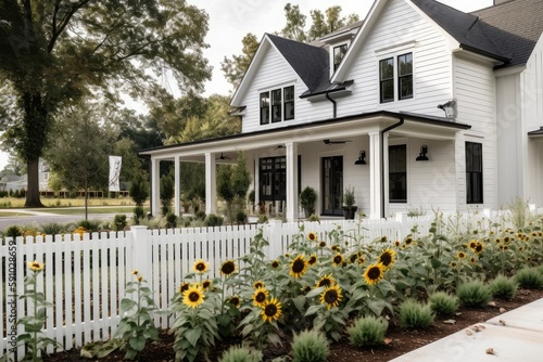 Photo modern farmhouse house exterior with sunflowers and picket fence, created with g