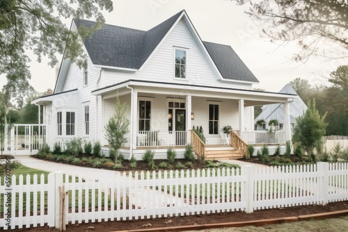 Foto modern farmhouse with wrap-around porch, picket fence and garden, created with g