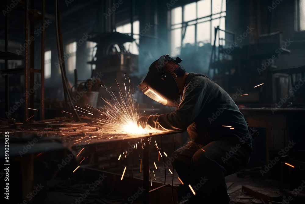 Welding in a factory area with sparks. Generative AI Welding in a factory area with sparks. Generative AI