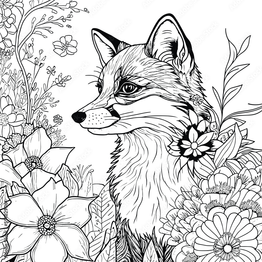 Obraz premium Fox coloring pages for adults Flower fox on a white background
