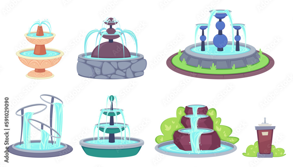 Fountains with splashing drops vector illustrations set. Collection of drawings of geyser waterfalls, drinking fountain for park isolated on white background. Architecture, decoration concept Fountains with splashing drops vector illustrations set. Collection of drawings of geyser waterfalls, drinking fountain for park isolated on white background. Architecture, decoration concept