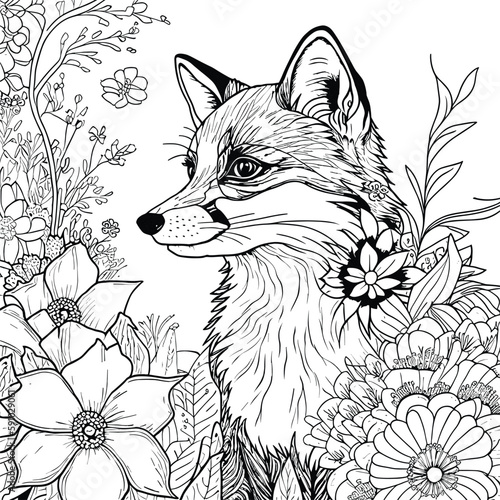 Fox coloring pages for adults Flower fox on a white background