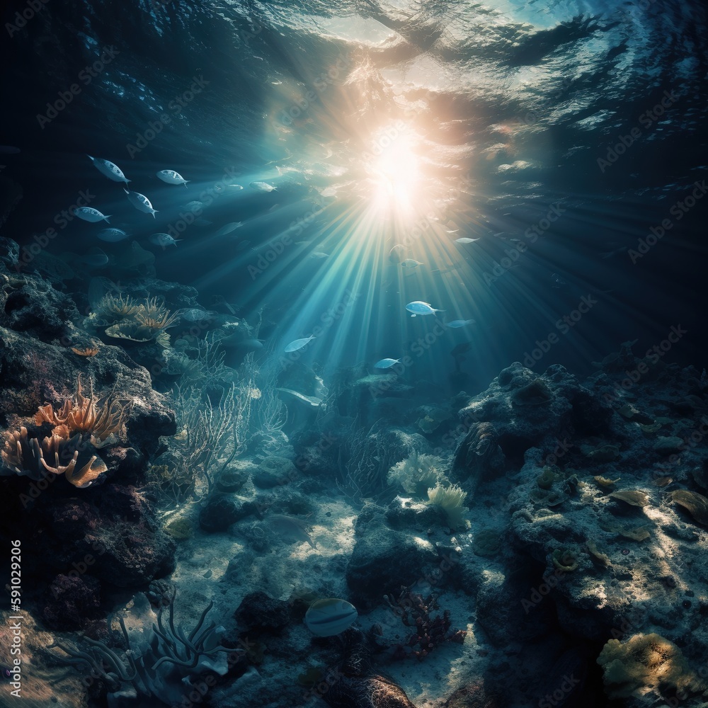 Fototapeta premium Sea creatures living in deep ocean's blue water, Generative AI