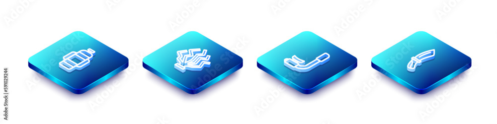 Set Isometric line Aqualung, Coral, Snorkel and Diving knife icon. Vector Set Isometric line Aqualung, Coral, Snorkel and Diving knife icon. Vector