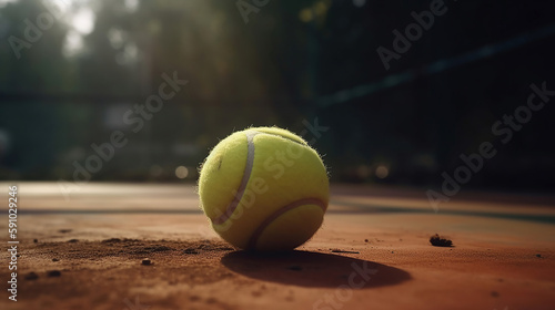 Close up tennis ball on court background with copy space. Generative AI technology © Malika