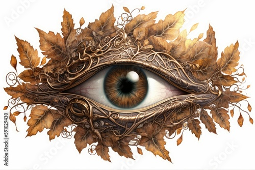 Eye covered with leaves on white background. Generate Ai