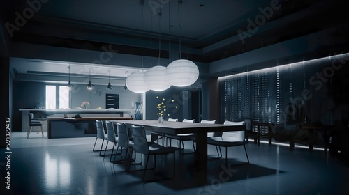 A high-end dining room with a modern design  The futuristic dining room impresses with extravagance and elegance. A new dimension of visionary exclusivity and harmony.- Generative AI